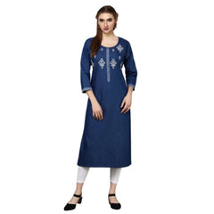 Generic Women's Casual Denim Embroidery 3-4th sleeve Straight Kurti (Blue)