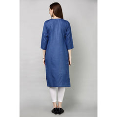 Generic Women's Casual Cotton Embroidery 3-4th sleeve Straight Kurti (Blue)