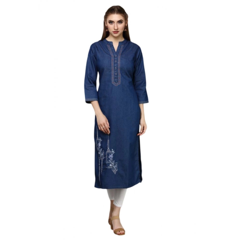 Generic Women's Casual Denim Embroidery 3-4th sleeve Straight Kurti (Blue)