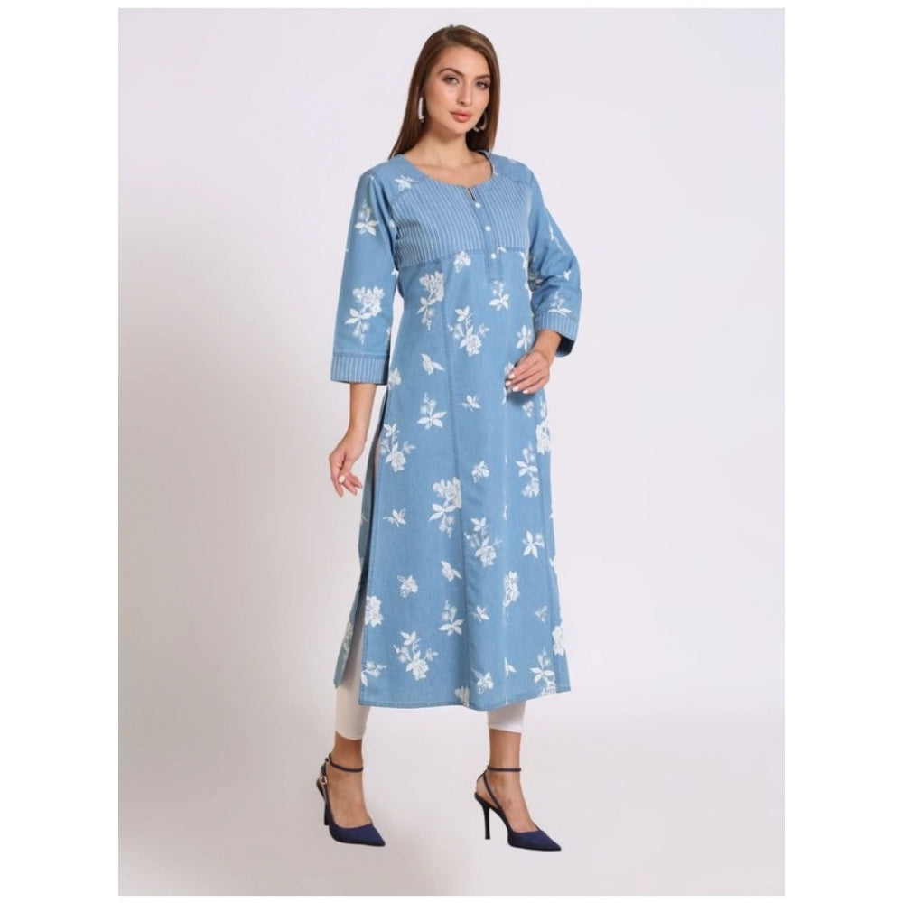 Generic Women's Casual Denim Printed 3-4th sleeve Straight Kurti (Light-Blue)