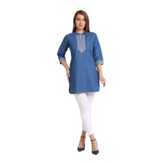 Generic Women's Casual Denim Embroidery 3-4th sleeve Kurti (Blue)