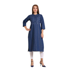 Generic Women's Casual Denim Embroidery 3-4th sleeve Straight Kurti (Blue)