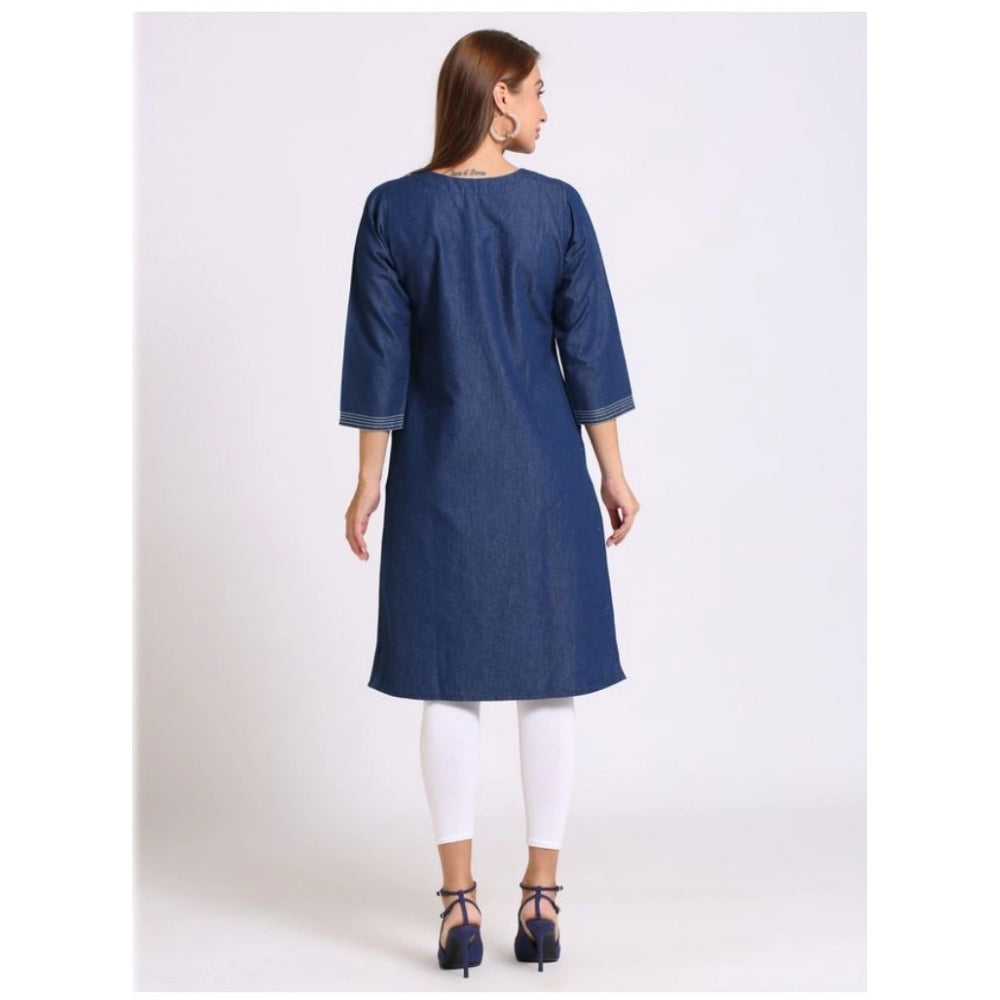 Generic Women's Casual Denim Embroidery 3-4th sleeve Straight Kurti (Blue)