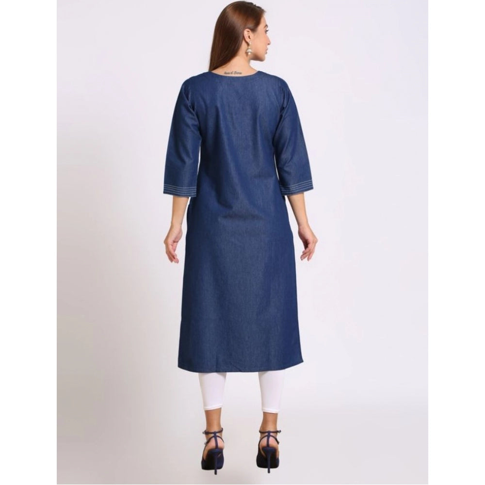 Generic Women's Casual Denim Embroidery 3-4th sleeve Straight Kurti (Blue)