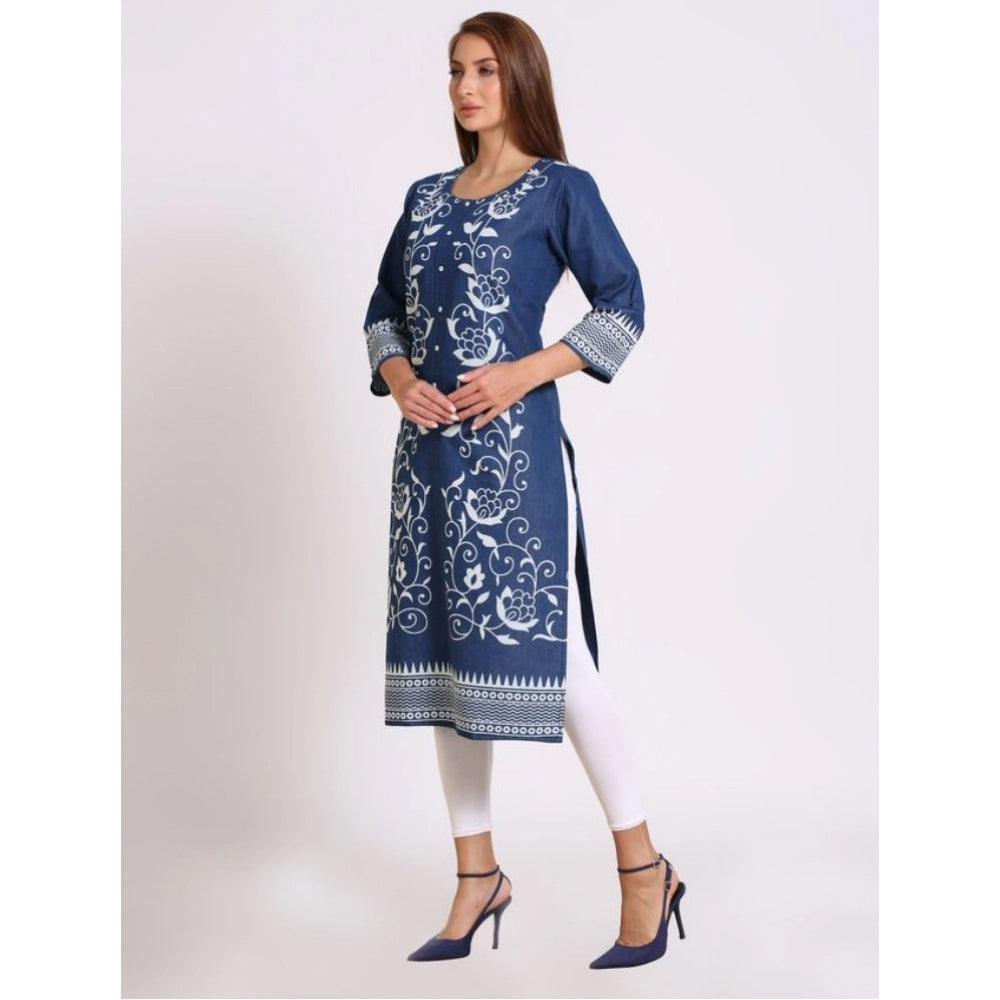 Generic Women's Casual Denim Printed 3-4th sleeve Straight Kurti (Blue)