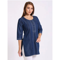 Generic Women's Casual Denim Solid 3-4th sleeve Kurti (Blue)