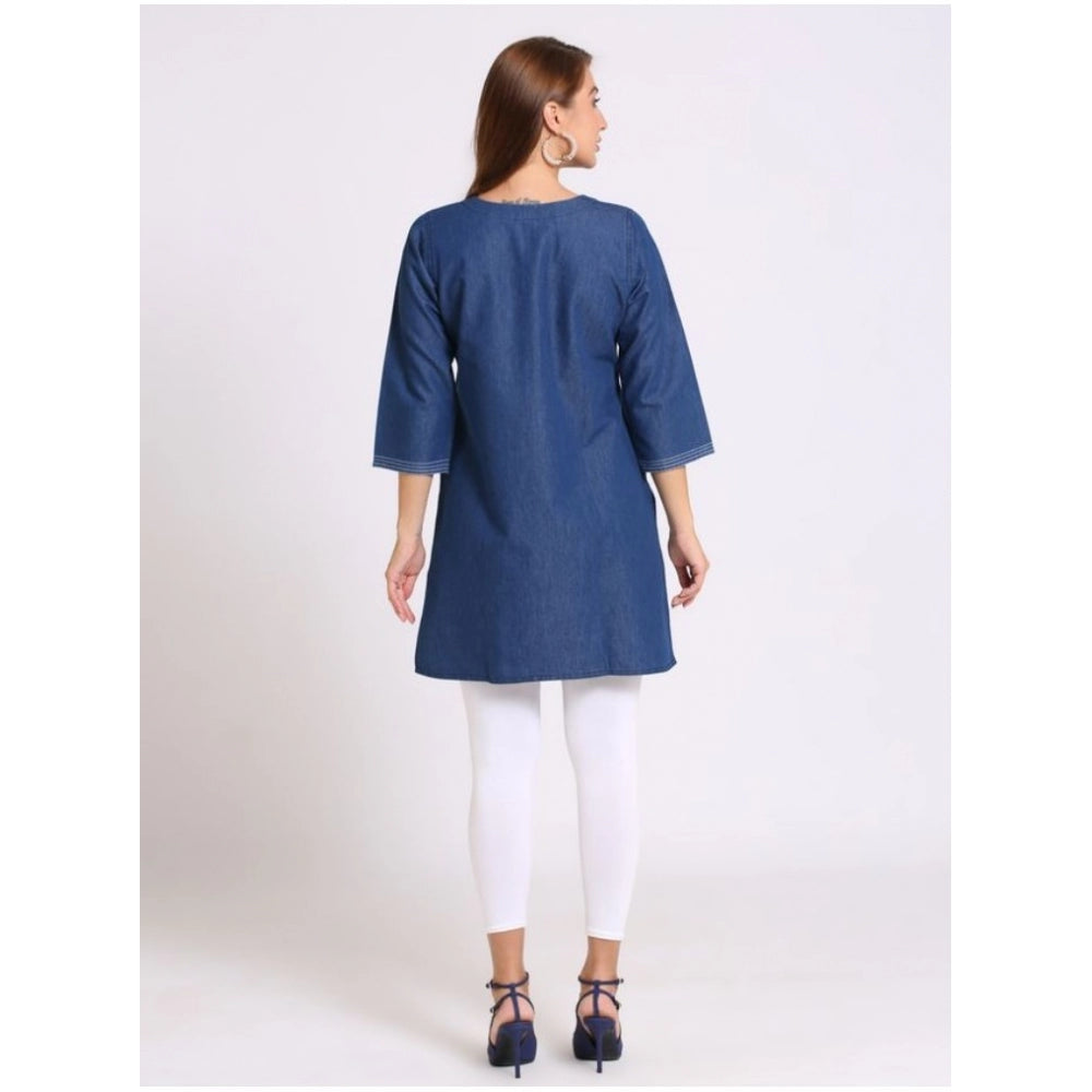 Generic Women's Casual Denim Embroidery 3-4th sleeve Kurti (Blue)