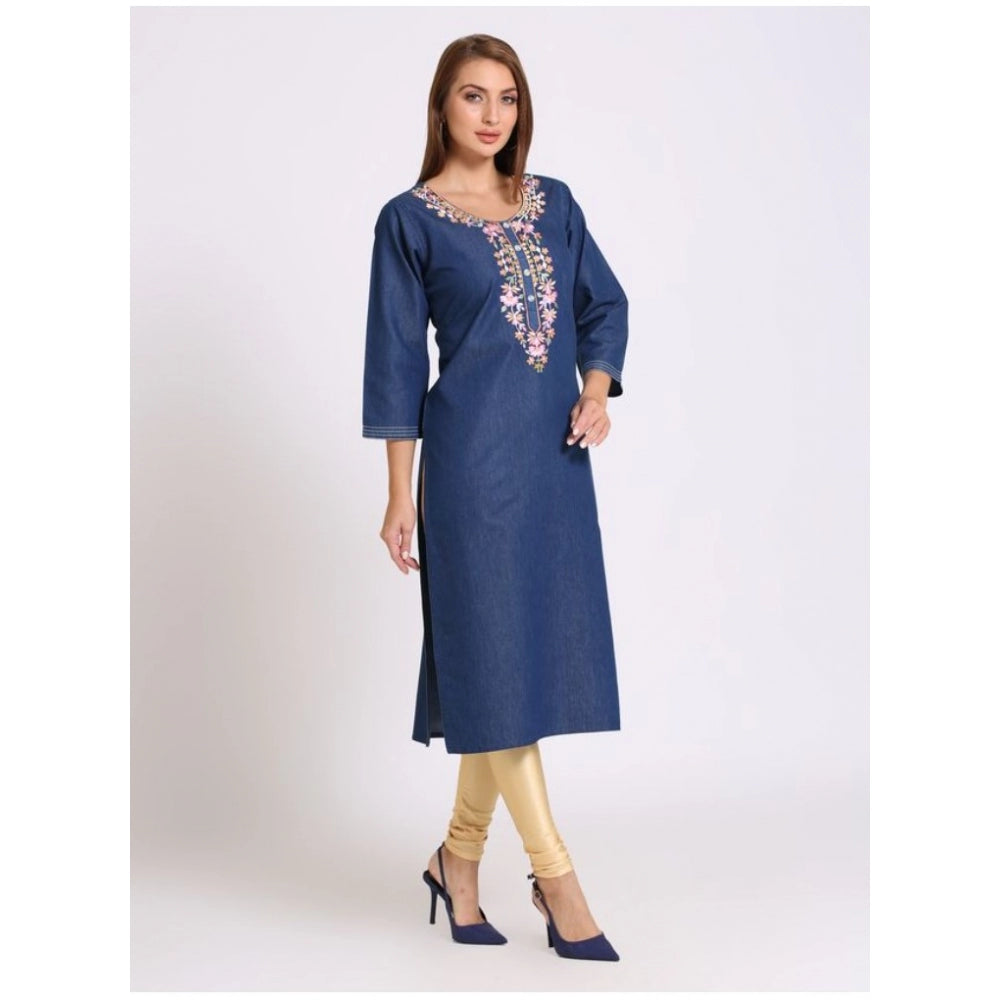 Generic Women's Casual Denim Embroidery 3-4th sleeve Straight Kurti (Blue)