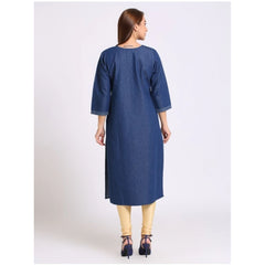 Generic Women's Casual Denim Embroidery 3-4th sleeve Straight Kurti (Blue)