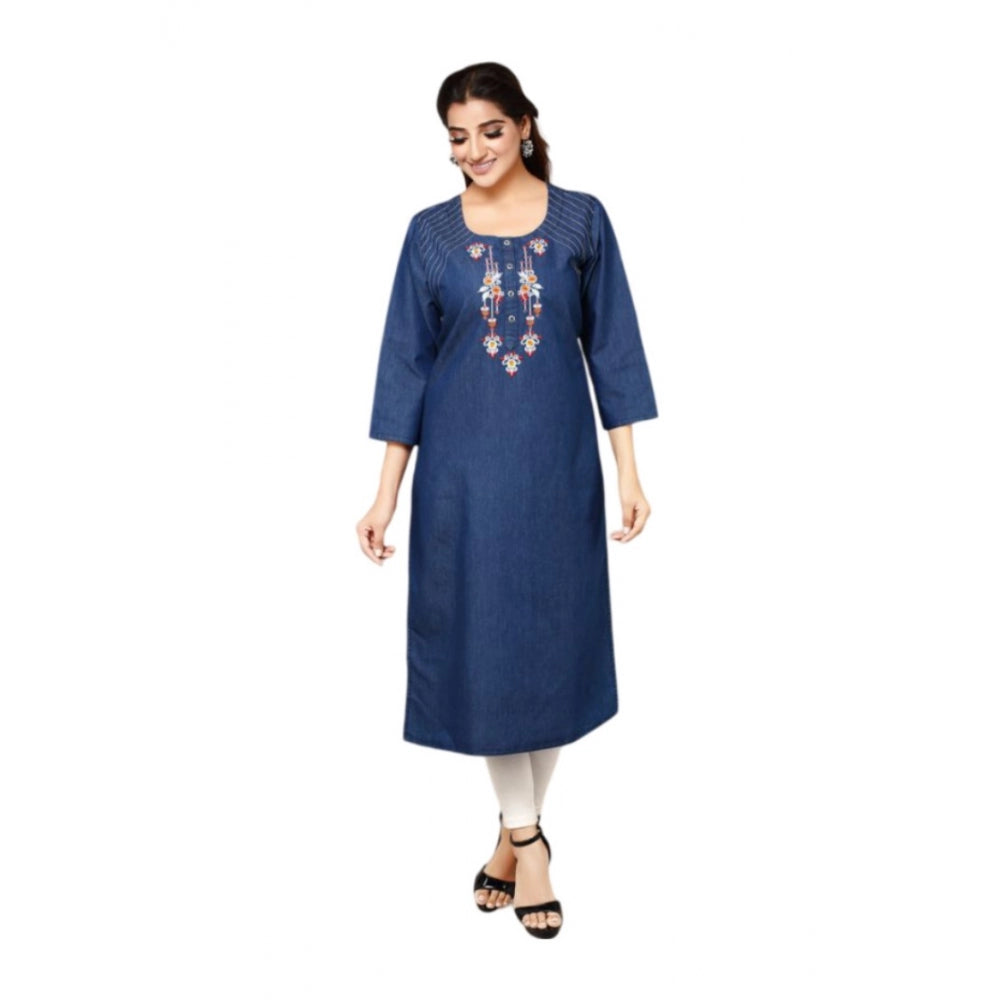 Generic Women's Casual Denim Embroidery 3-4th sleeve Straight Kurti (Blue)