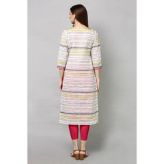 Generic Women's Casual Cotton Striped 3-4th sleeve Straight Kurti (White_MultiColor)