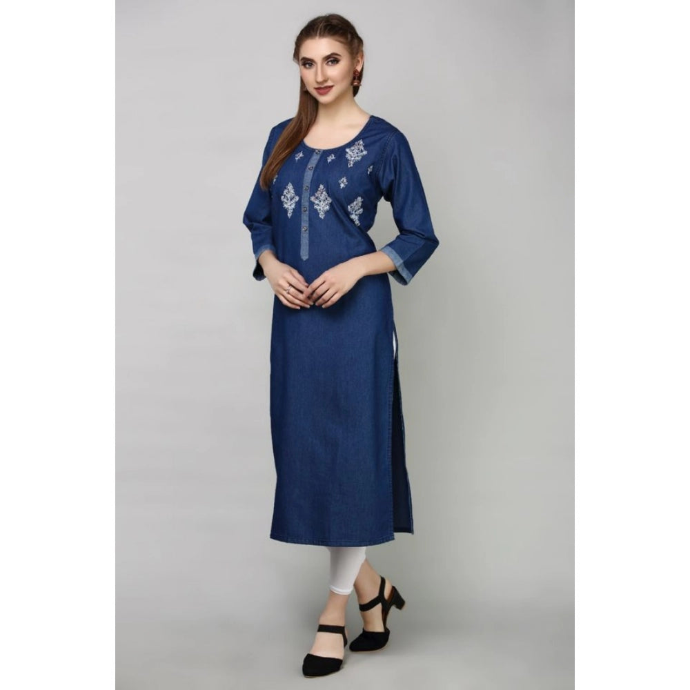 Generic Women's Casual Denim Embroidery 3-4th sleeve Straight Kurti (Blue)