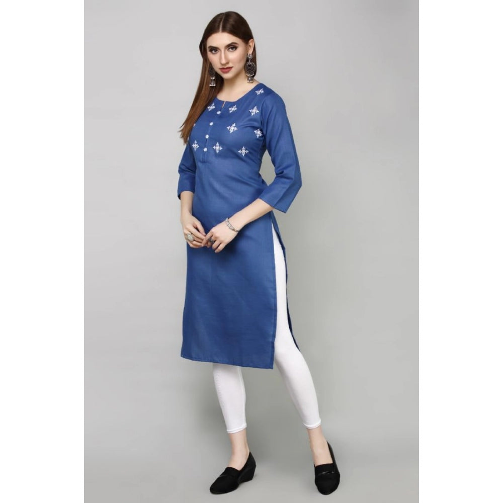 Generic Women's Casual Cotton Embroidery 3-4th sleeve Straight Kurti (Blue)