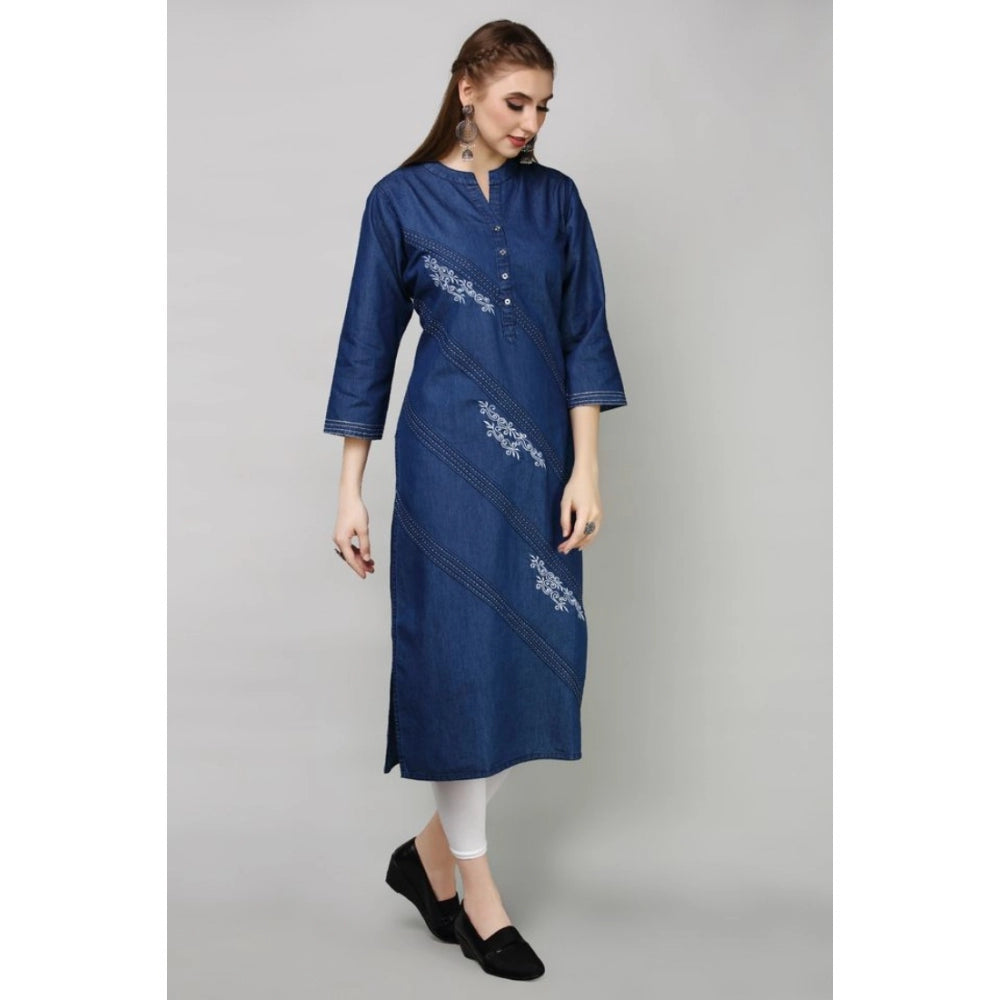 Generic Women's Casual Denim Embroidery 3-4th sleeve Straight Kurti (Blue)