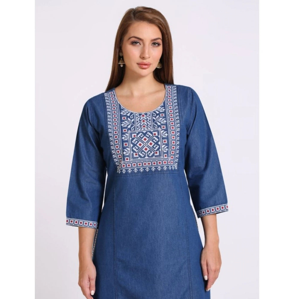 Generic Women's Casual Denim Embroidery 3-4th sleeve Kurti Set (Blue)