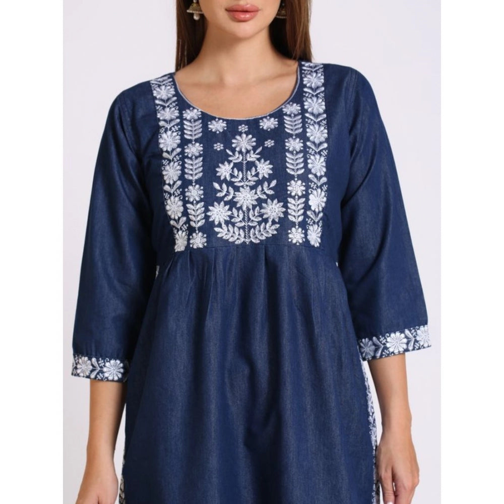 Generic Women's Casual Denim Embroidery 3-4th sleeve Kurti Set (Blue)