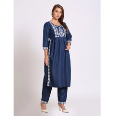 Generic Women's Casual Denim Embroidery 3-4th sleeve Kurti Set (Blue)