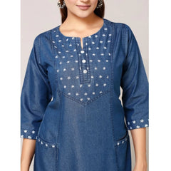 Generic Women's Casual Denim Embroidery 3-4th sleeve A-line Dress (Blue)