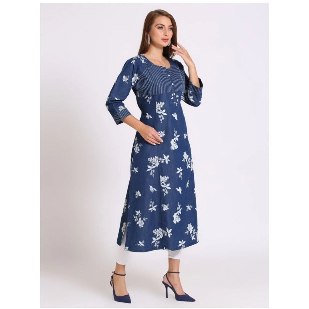 Generic Women's Casual Denim Floral 3-4th sleeve Straight Kurti (Blue-White)