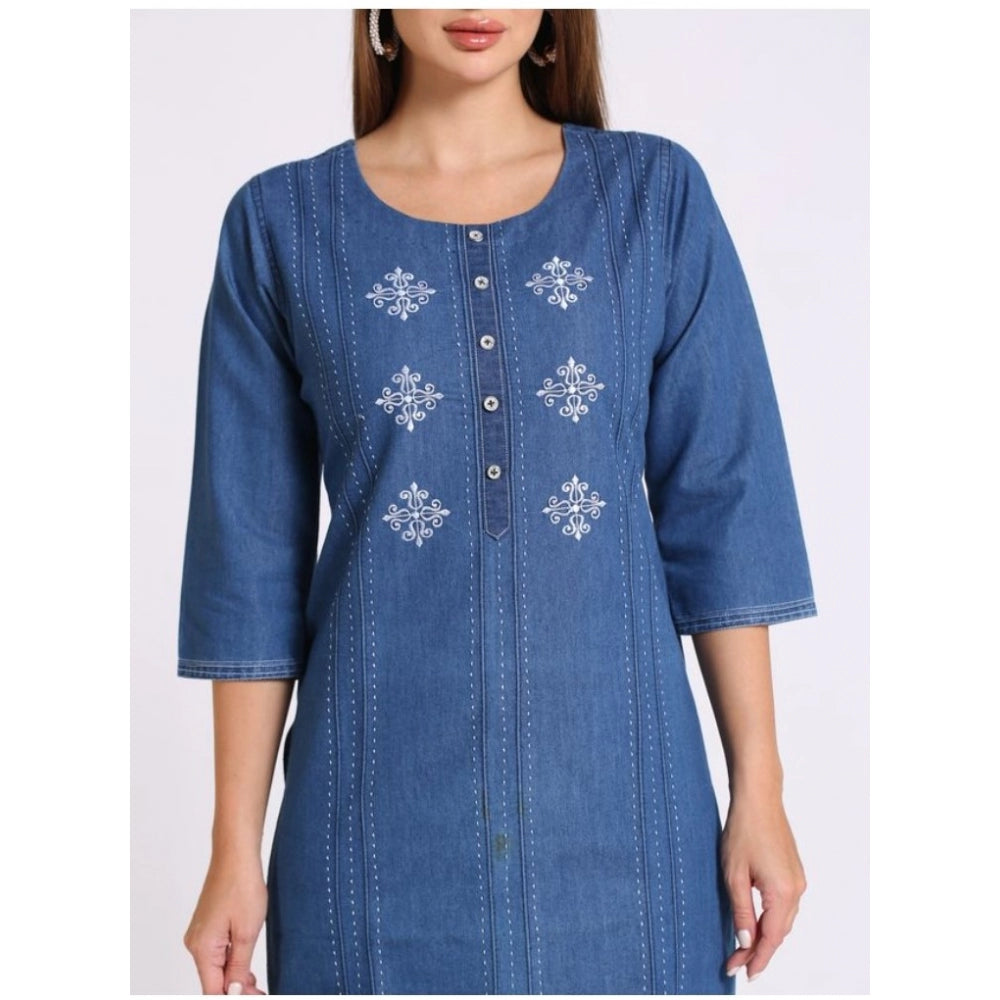 Generic Women's Casual Denim Embroidery 3-4th sleeve Straight Kurti (Blue)