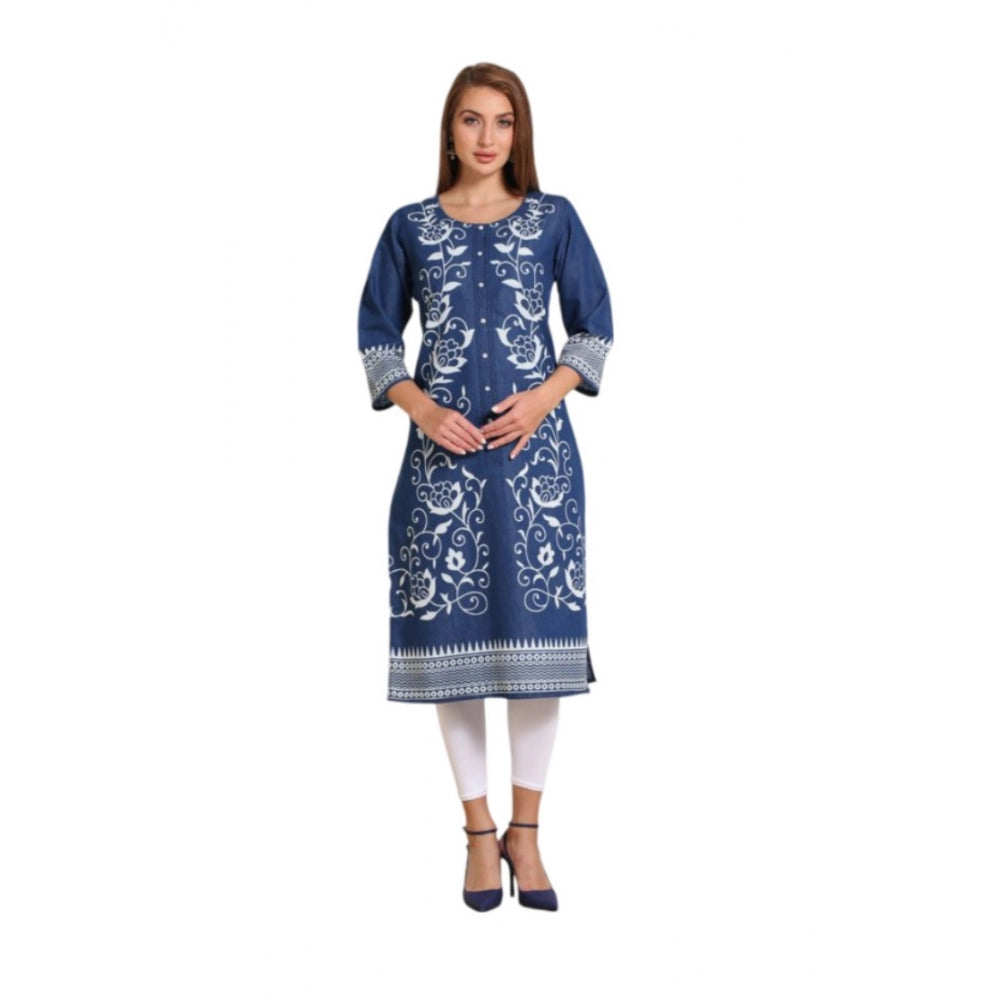 Generic Women's Casual Denim Printed 3-4th sleeve Straight Kurti (Blue)