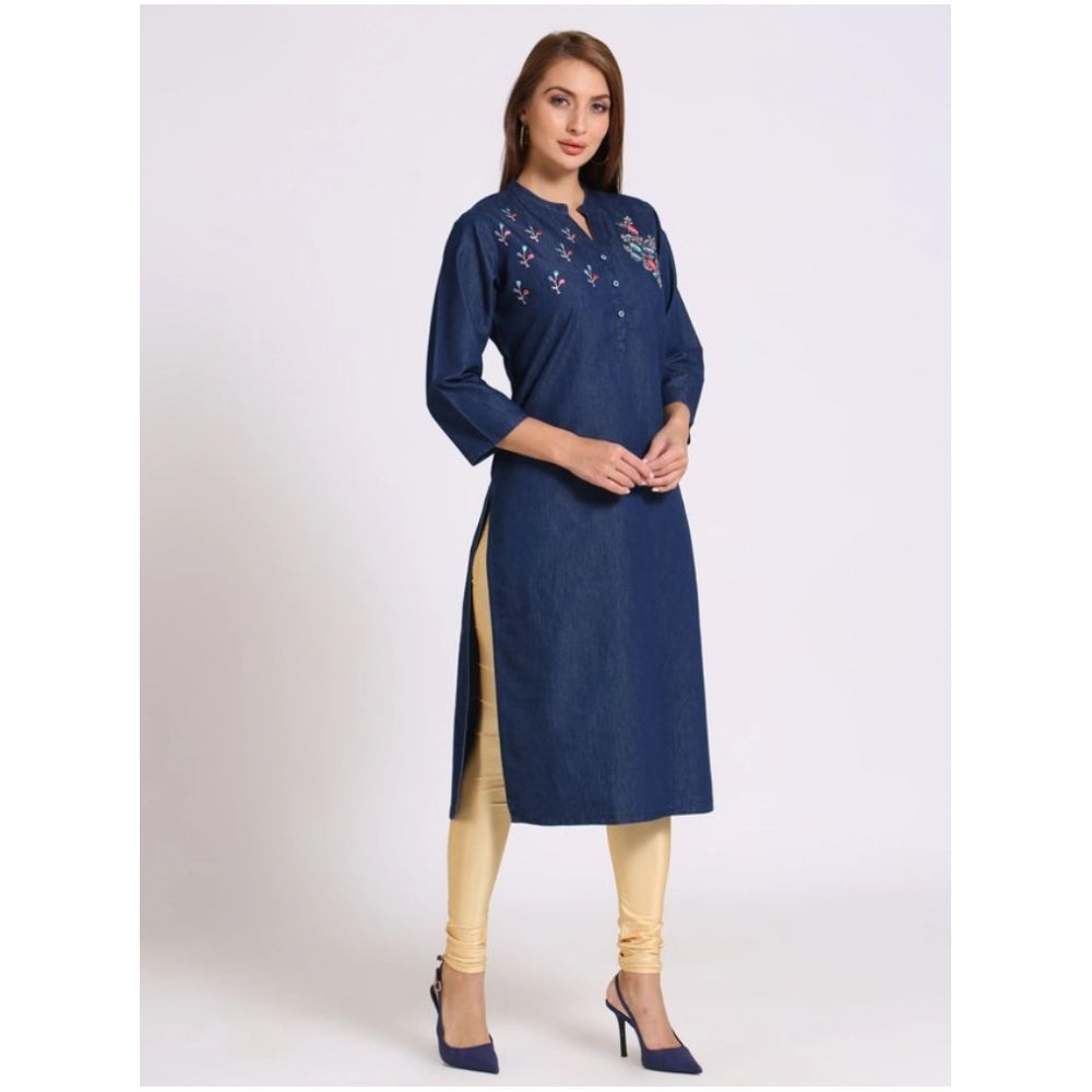 Generic Women's Casual Denim Embroidery 3-4th sleeve Straight Kurti (Blue)