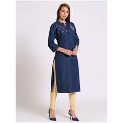 Generic Women's Casual Denim Embroidery 3-4th sleeve Straight Kurti (Blue)