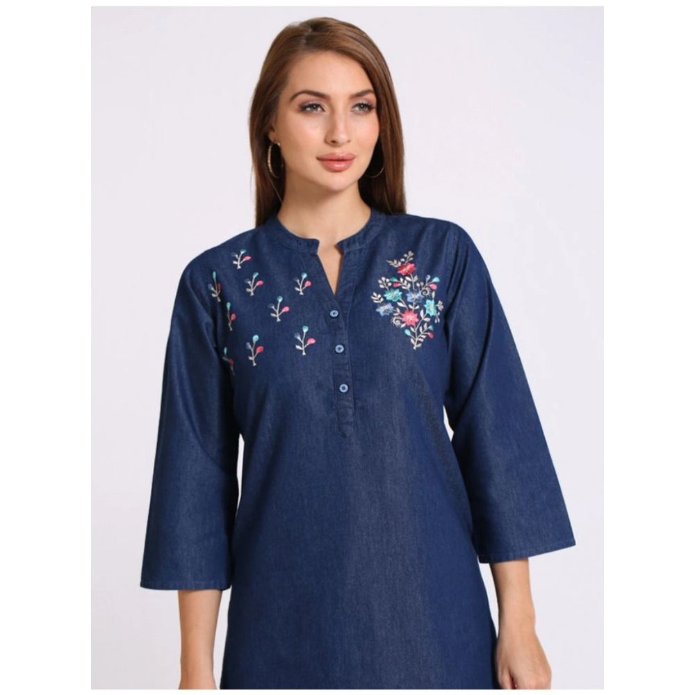 Generic Women's Casual Denim Embroidery 3-4th sleeve Straight Kurti (Blue)