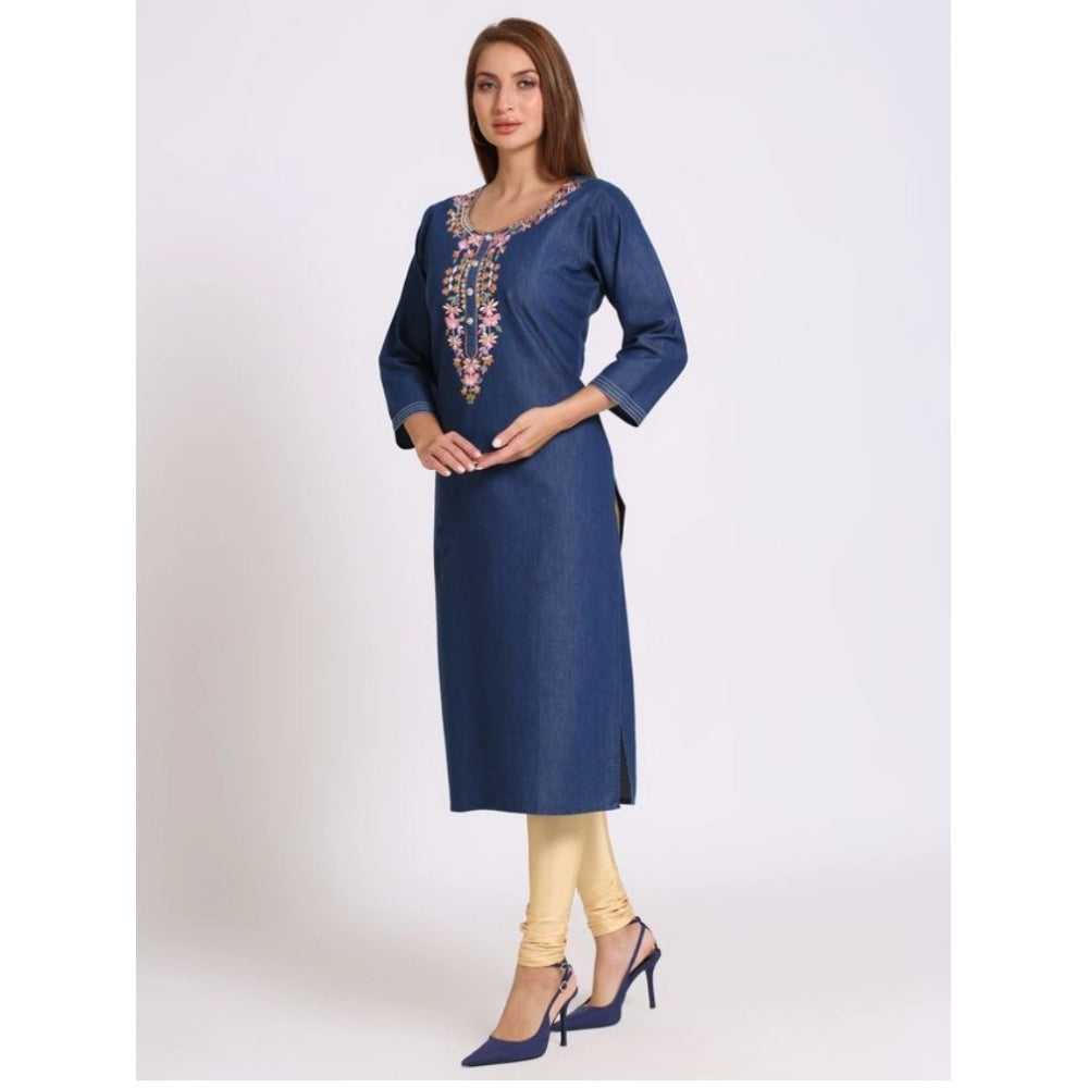 Generic Women's Casual Denim Embroidery 3-4th sleeve Straight Kurti (Blue)