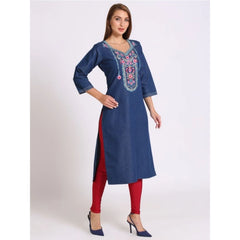 Generic Women's Casual Denim Embroidery 3-4th sleeve Straight Kurti (Blue)