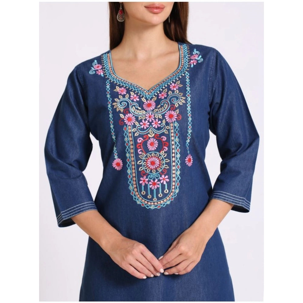 Generic Women's Casual Denim Embroidery 3-4th sleeve Straight Kurti (Blue)