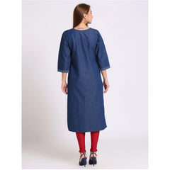 Generic Women's Casual Denim Embroidery 3-4th sleeve Straight Kurti (Blue)