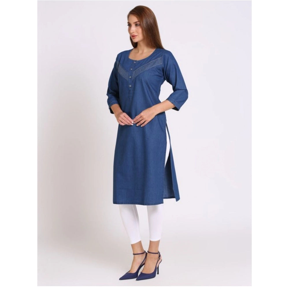 Generic Women's Casual Denim Solid 3-4th sleeve Straight Kurti (Blue)