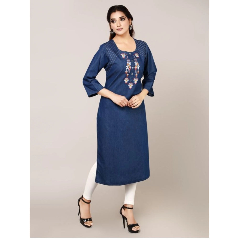 Generic Women's Casual Denim Embroidery 3-4th sleeve Straight Kurti (Blue)