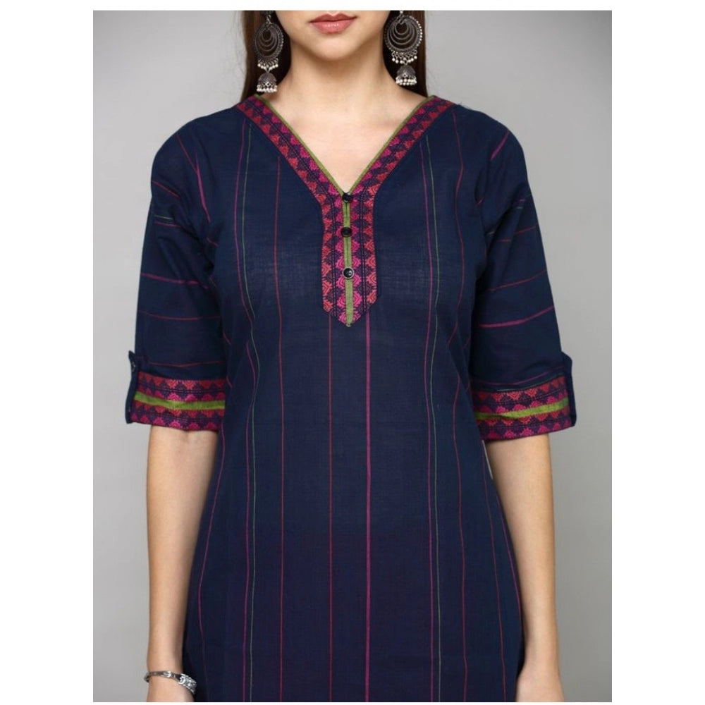 Generic Women's Casual Cotton Stripes 3-4th sleeve Straight Kurti (Navy Blue)