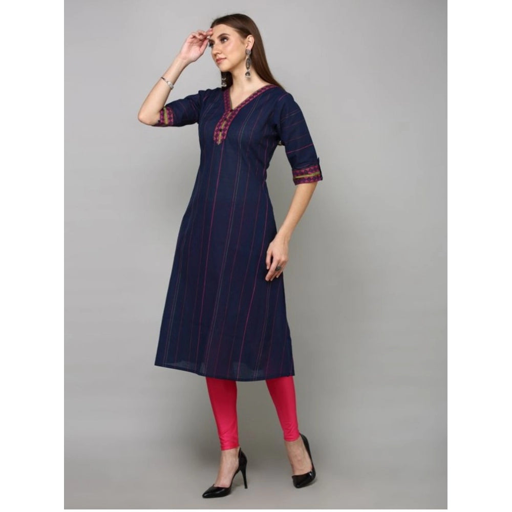 Generic Women's Casual Cotton Stripes 3-4th sleeve Straight Kurti (Navy Blue)