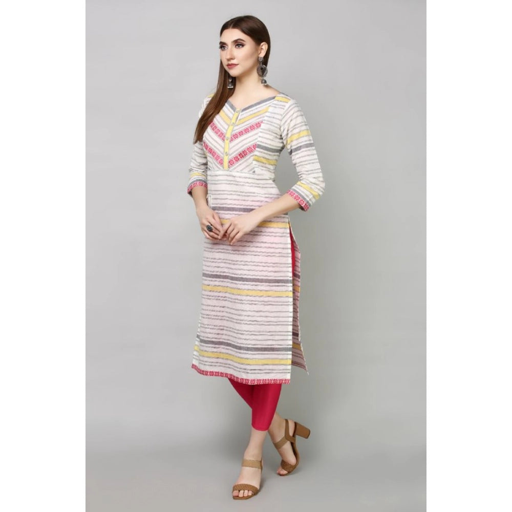 Generic Women's Casual Cotton Striped 3-4th sleeve Straight Kurti (White_MultiColor)