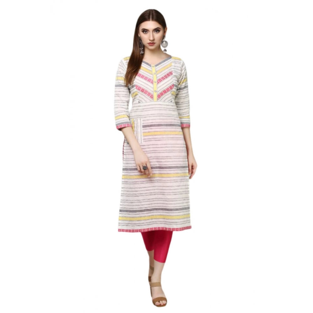 Generic Women's Casual Cotton Striped 3-4th sleeve Straight Kurti (White_MultiColor)