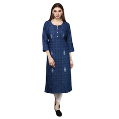 Generic Women's Casual Denim Embroidery 3-4th sleeve Straight Kurti (Blue)