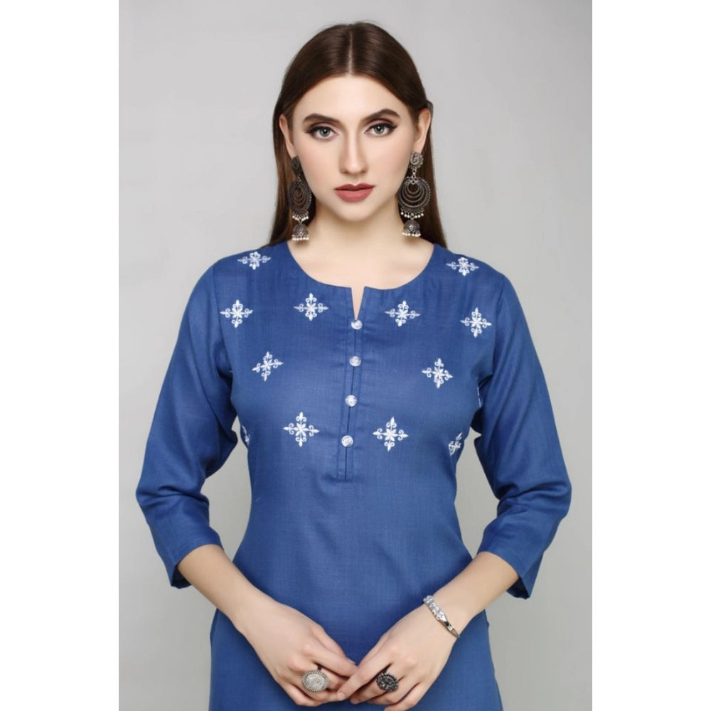 Generic Women's Casual Cotton Embroidery 3-4th sleeve Straight Kurti (Blue)