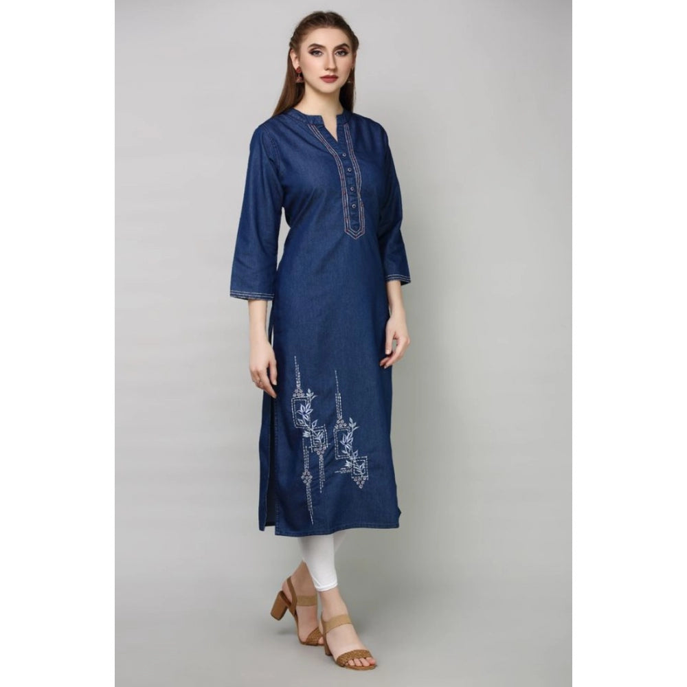 Generic Women's Casual Denim Embroidery 3-4th sleeve Straight Kurti (Blue)