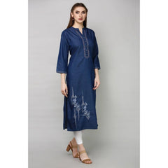 Generic Women's Casual Denim Embroidery 3-4th sleeve Straight Kurti (Blue)