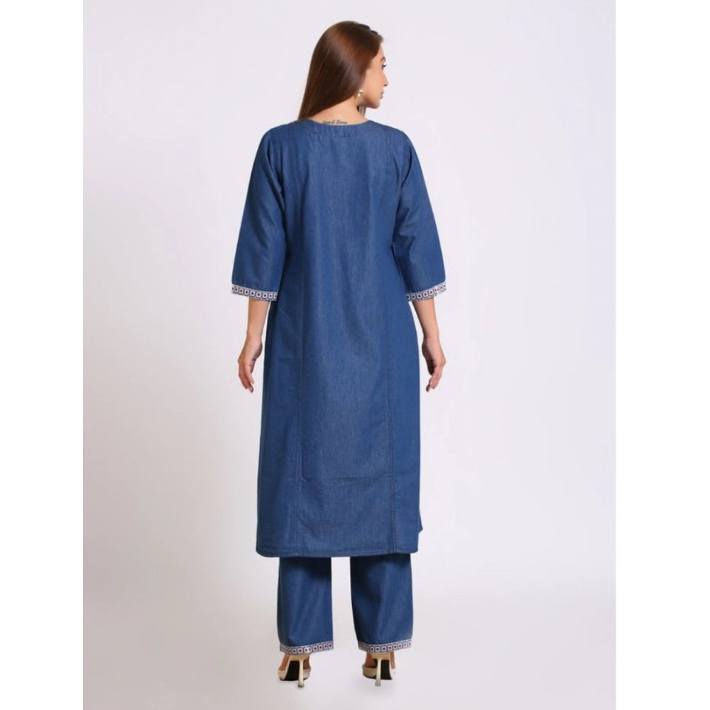 Generic Women's Casual Denim Embroidery 3-4th sleeve Kurti Set (Blue)