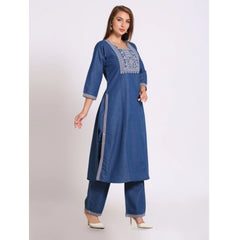 Generic Women's Casual Denim Embroidery 3-4th sleeve Kurti Set (Blue)