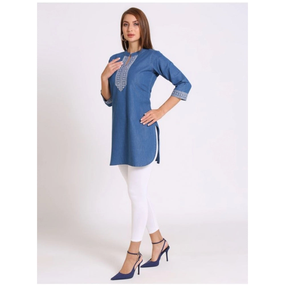 Generic Women's Casual Denim Embroidery 3-4th sleeve Kurti (Blue)