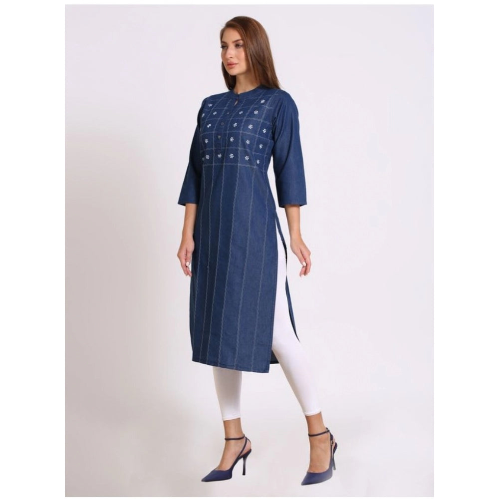 Generic Women's Casual Denim Embroidery 3-4th sleeve Straight Kurti (Blue)