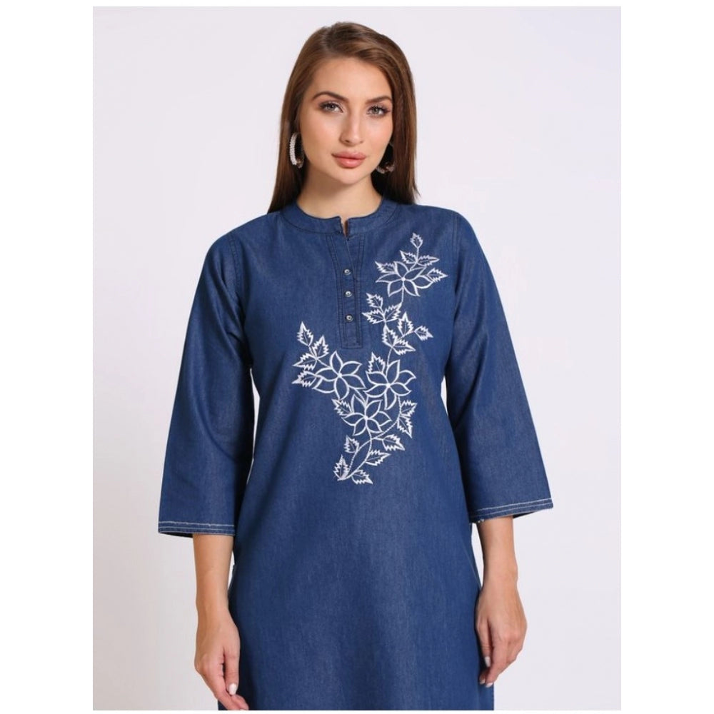 Generic Women's Casual Denim Embroidery 3-4th sleeve Straight Kurti (Blue)