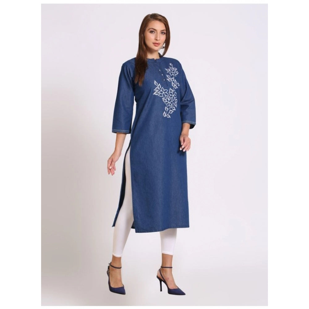 Generic Women's Casual Denim Embroidery 3-4th sleeve Straight Kurti (Blue)