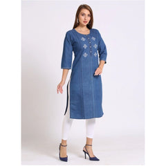 Generic Women's Casual Denim Embroidery 3-4th sleeve Straight Kurti (Blue)