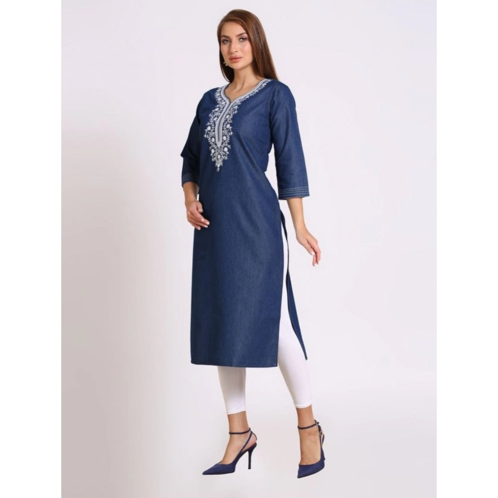 Generic Women's Casual Denim Embroidery 3-4th sleeve Straight Kurti (Blue)